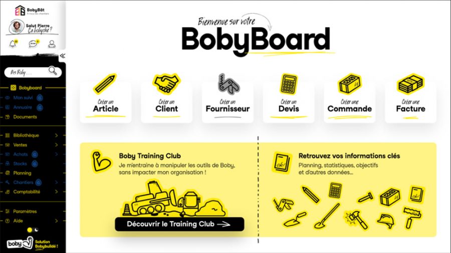 Le tableau de bord du logiciel Boby le meilleur outil de création de devis et facture pour les entreprises du BTP.